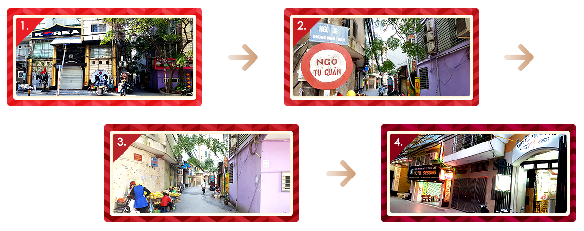 1. 택시를 타고 미딩 송다(한인촌) <span>so nha60 Ngo39 Ding Thon, Nam Tu Liem, Ha Noi</span> 로 가자고 해주세요.
2. 택시에서 내린후 한남가라오케(KOREA) 옆 39거리 딩톤골목으로 들어오세요.
3. 골목에서 20m 정도를 들어오시면 세봉호텔(HOTEL SEBONG) 간판이 보이실거예요.
4. 좌측 입간판 확인 후 서울양꼬치 입구로 들어오시면 됩니다.
5. 혹시라도 위치를 찾기가 어려우시면 <b>035 841 6073</b> 로 전화주세요.